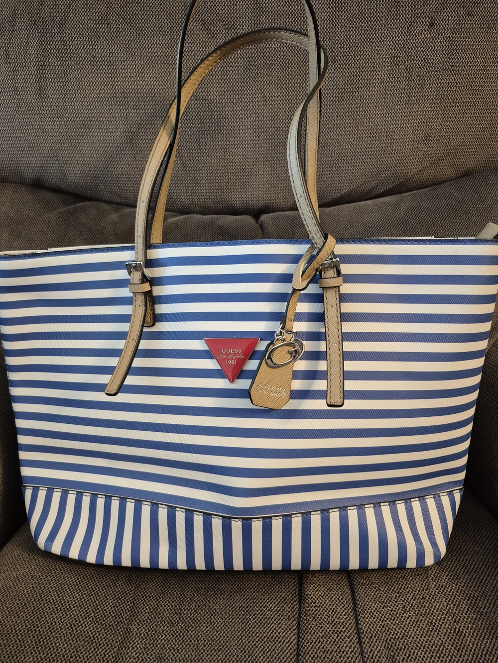 GUESS Blue and White Stripe Tote Bag